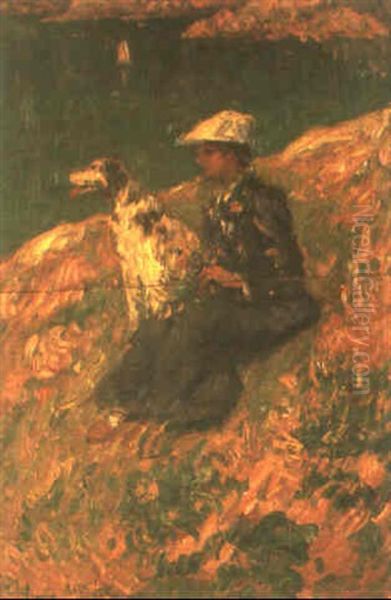 Jeune Femme Et Son Chien Sur Les Falaises Oil Painting by Henry Moret