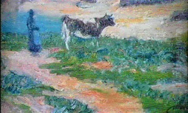 Vache Et Fermiere Dans La Lande Oil Painting by Henry Moret