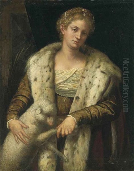 Portrait Of A Lady As Saint Agnes In A Brown Dress With Fur A Collar Oil Painting by  Moretto da Brescia