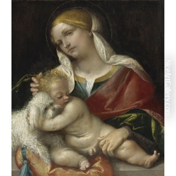 Madonna And Child With A Dog Oil Painting by  Moretto da Brescia