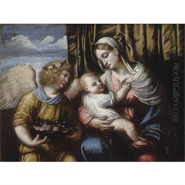 The Madonna And Child With An Angel Oil Painting by  Moretto da Brescia