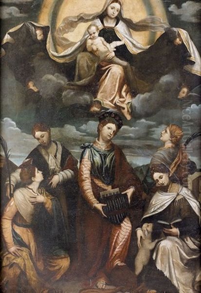 Madonna Mit Hl. Cacilia, Katharina, Lucia, Agnes Und Barbara Oil Painting by  Moretto da Brescia