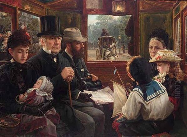 An Omnibus Ride To Piccasilly Circus - Mr. Gladstone Travelling With Ordinary Passengers Oil Painting by Alfred Morgan