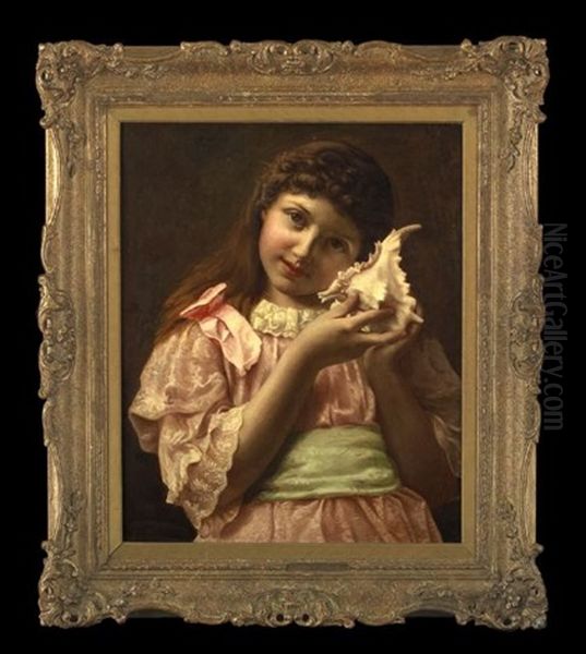 Portrait Of A Girl In A Pink Dress, Holding A Seashell Oil Painting by John Morgan