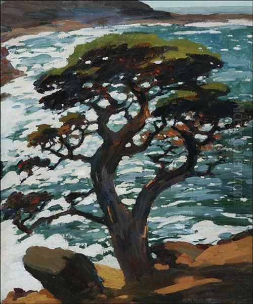 Cypress And The Blue Sea Oil Painting by Mary Deneale Morgan