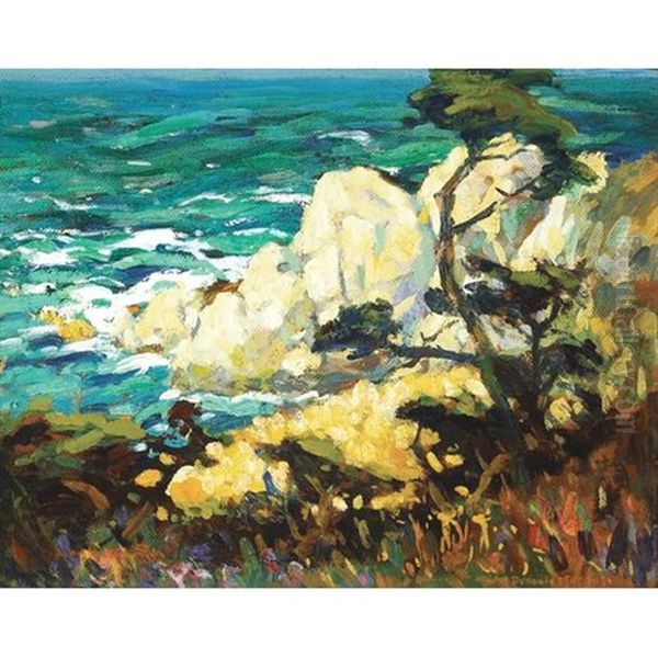 Sunlit Rocks Below The Carmel Highlands Oil Painting by Mary Deneale Morgan