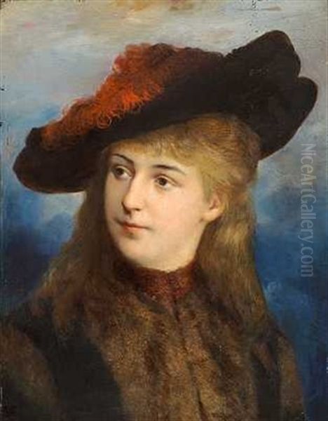 Elegant Ung Dame Med Hat Med Rode Fjer Oil Painting by Walter Jenks Morgan