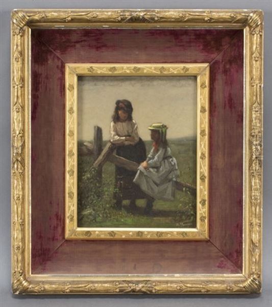 Two Young Girls Having A Chat In A Meadow Oil Painting by William Morgan