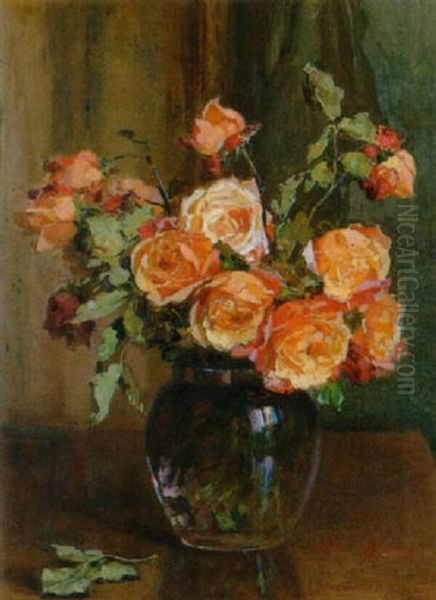 Rosenstillleben In Glasvase Oil Painting by Emilia Morgari Ingaramo