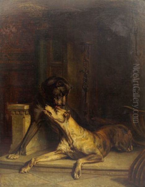 Two Dogs In An Interior Oil Painting by Pietro Morgari