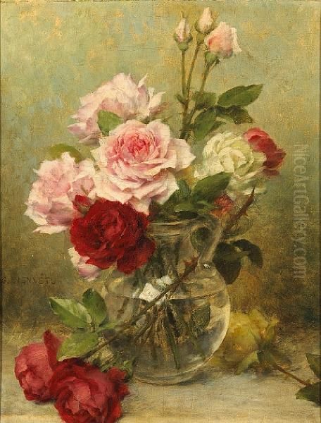 A Vase Of Carnations; A Vase Of Roses (a Pair) Oil Painting by Gustave Bienvetu