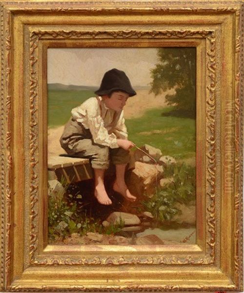 Little Boy Fishing (barefoot) Oil Painting by William Morgen