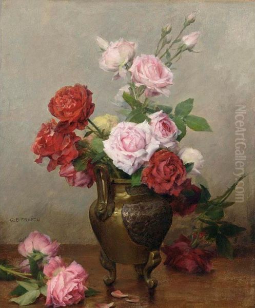 Roses In A Stone Jug Oil Painting by Gustave Bienvetu