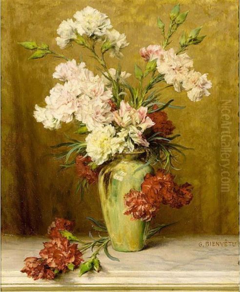 A Still Life With Carnations In A Green Vase Oil Painting by Gustave Bienvetu