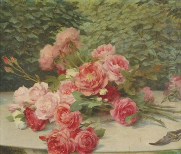 Jete De Roses Sur Une Table Oil Painting by Gustave Bienvetu