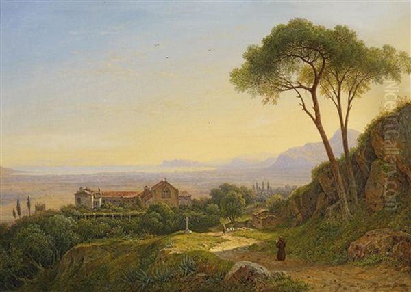 Morgenstimmung In Den Bergen Beim Kloster Baida Auf Sizilien Oil Painting by Carl Morgenstern