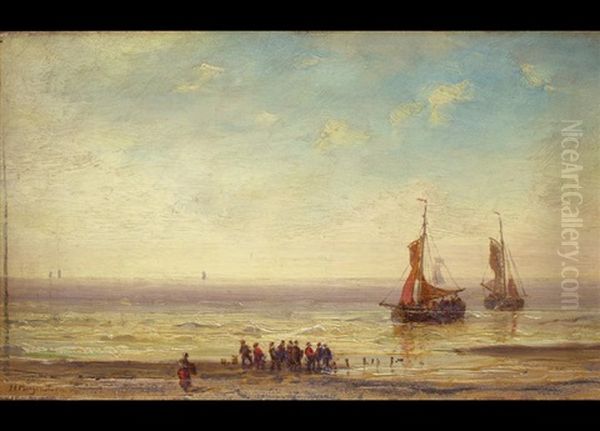 Strandlandschaft Mit Fischerbooten Und Fischern Oil Painting by Carl Morgenstern