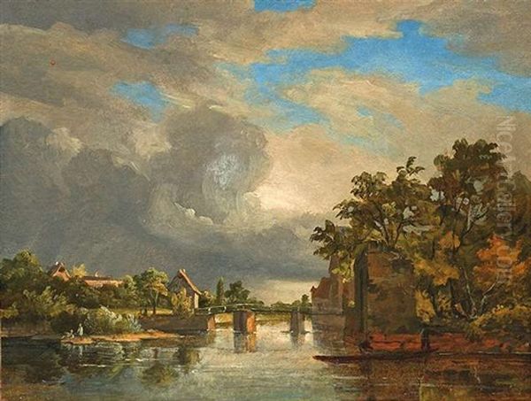 An Der Nied Bei Hausen - Gewitterstimmung Mit Fischern Oil Painting by Carl Morgenstern