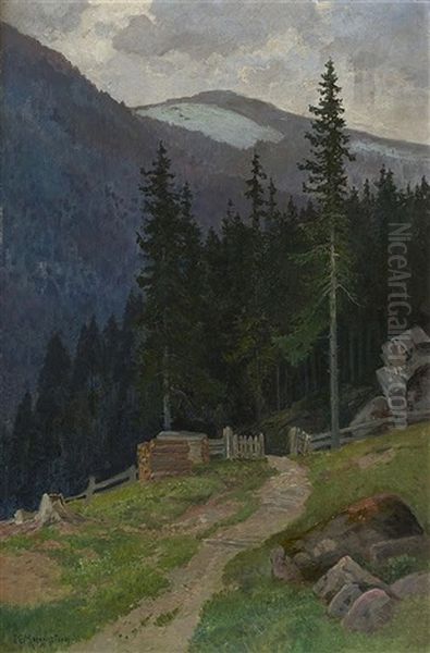 A Giant Mountains Landscape Oil Painting by Carl Ernst Morgenstern