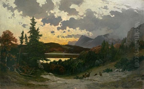 Hirsche In Der Abenddammerung Am See. Gebirgszug Im Abendlichen Gegenlicht. Prachtvolles Panoramabild Oil Painting by Carl Ernst Morgenstern