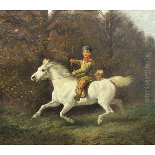 A Boy Riding A Gray Pony Oil Painting by Christian Morgenstern