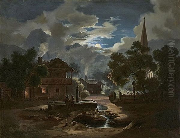 A View Of Partenkirchen In The Moonlight Oil Painting by Christian Ernst Bernhard Morgenstern