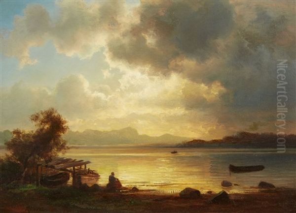 An Evening Mood At Lake Starnberg Oil Painting by Christian Ernst Bernhard Morgenstern