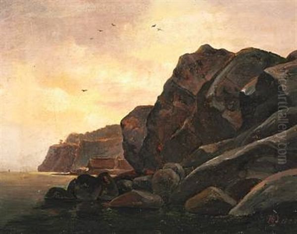 Rocky Norwegian Coast With Fishing Huts And Circling Birds Oil Painting by Christian Ernst Bernhard Morgenstern