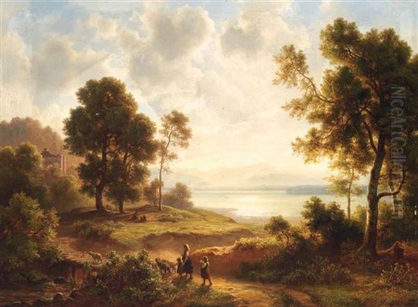 Weite Seelandschaft Mit Hirtin Und Schafen Oil Painting by Christian Ernst Bernhard Morgenstern