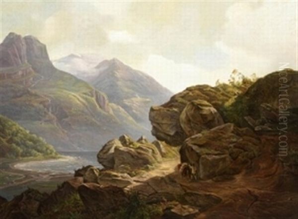 Norwegische Landschaft Mit Gebirgspfad Und Seeufer Oil Painting by Christian Ernst Bernhard Morgenstern