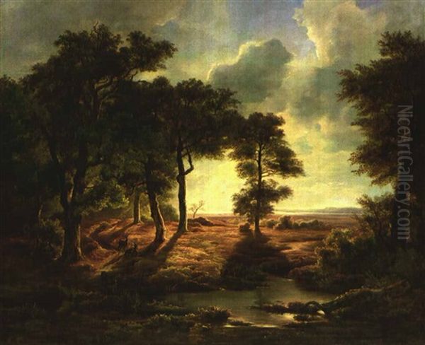 Voralpenlandschaft Gegen Sonnenuntergang; Ein Kleiner Eichenwald Mit Hirschen Oil Painting by Christian Ernst Bernhard Morgenstern