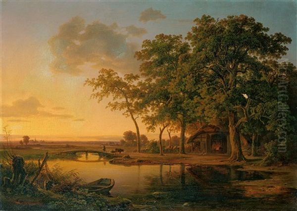 Flusslandschaft Nach Sonnenuntergang Oil Painting by Christian Ernst Bernhard Morgenstern