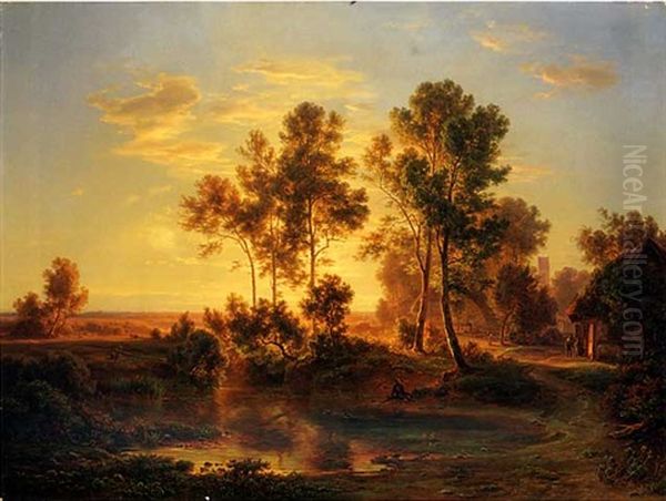 A Landscape At Dusk Oil Painting by Christian Ernst Bernhard Morgenstern