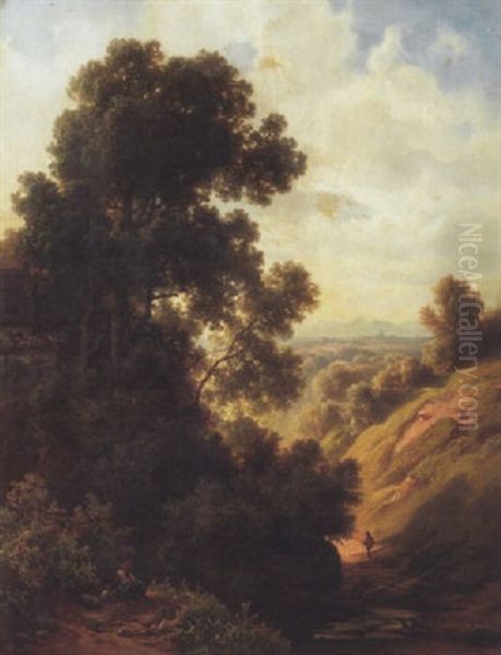 Naturweg Mit Wanderer In Der Ferne Silhouette Einer Stadt Oil Painting by Christian Ernst Bernhard Morgenstern