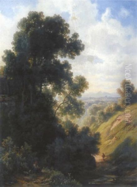 Landschaft Mit Wanderer Und Blick Auf Eine Stadt Oil Painting by Christian Ernst Bernhard Morgenstern