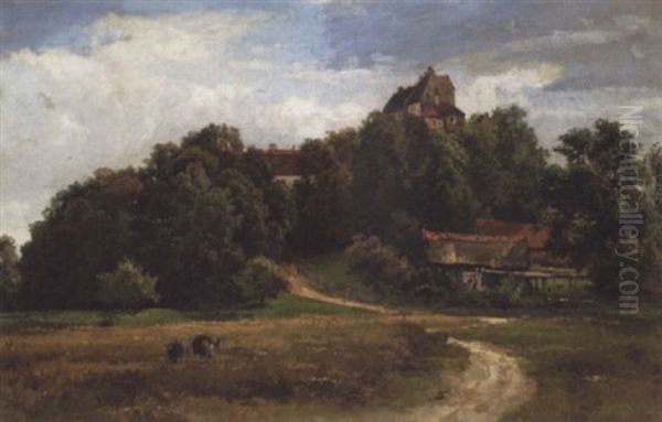 Landskab Med Huse Pa En Skovbeklaedt Hoj Oil Painting by Christian Ernst Bernhard Morgenstern