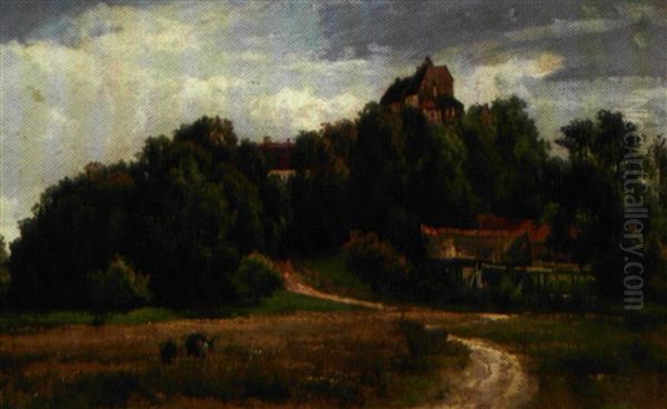 Landskab Med Huse Pa En Skovbeklaedt Hoj Oil Painting by Christian Ernst Bernhard Morgenstern