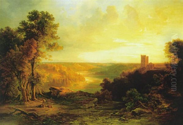 Das Isartal Und Die Burg Schwaneck In Abendbeleuchtung Oil Painting by Christian Ernst Bernhard Morgenstern