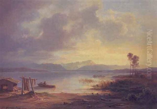 Blick Uber Den Starnberger See (?) An Einem Sommerabend Oil Painting by Christian Ernst Bernhard Morgenstern