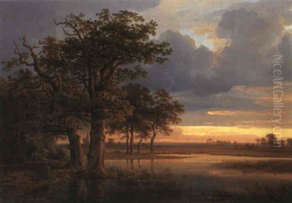 Landschaft Mit Alten Eichen Bei Sonnenuntergang by Christian Ernst Bernhard Morgenstern