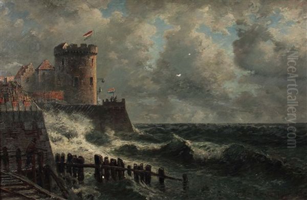 Brandung An Der Festung Von Vlissingen Oil Painting by Friedrich Ernst Morgenstern