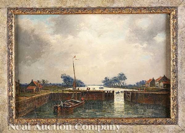 Ship In Harbor Oil Painting by Friedrich Ernst Morgenstern