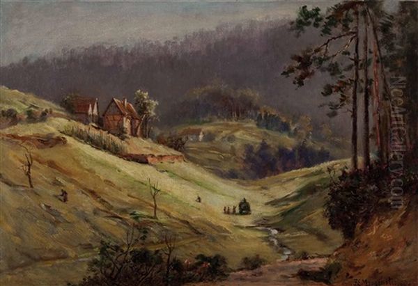 Heuernte In Hugeliger Landschaft Oil Painting by Friedrich Ernst Morgenstern