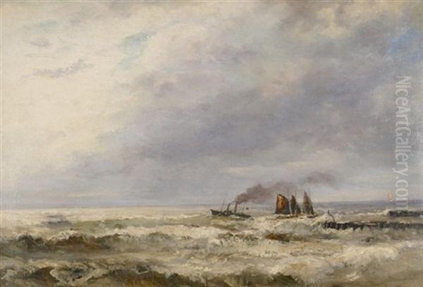 Ostende. Ein Dampfschiff Und Segelboote Auf Rauher See Vor Der Kuste Oil Painting by Friedrich Ernst Morgenstern