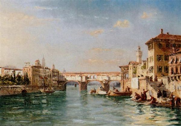 Blick Auf Den Ponte Vecchio In Florenz Oil Painting by Friedrich Ernst Morgenstern