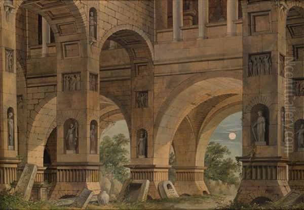 Phantastische Architektur Bei Mondlicht Oil Painting by Johann Friedrich Morgenstern