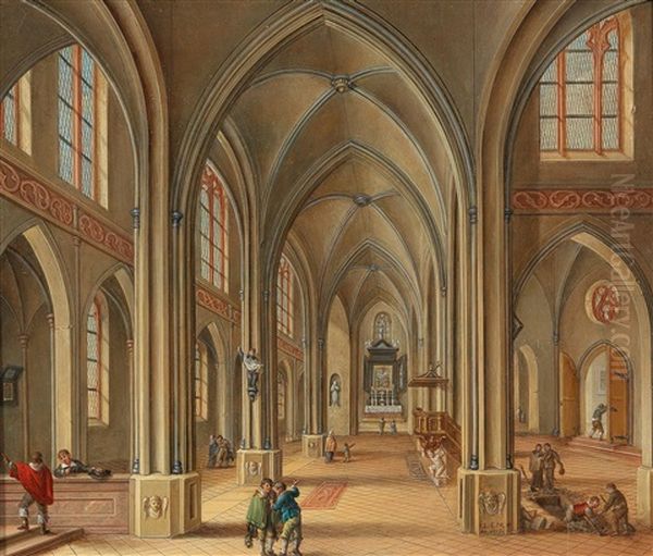 A Church Interior Oil Painting by Johann Ludwig Ernst Morgenstern