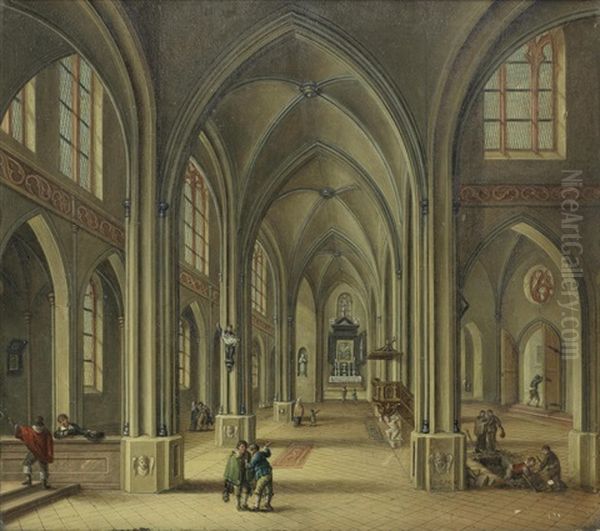 A Church Interior With Figures In 17th Century Costume, Including Grave Diggers Creating A Tomb Oil Painting by Johann Ludwig Ernst Morgenstern