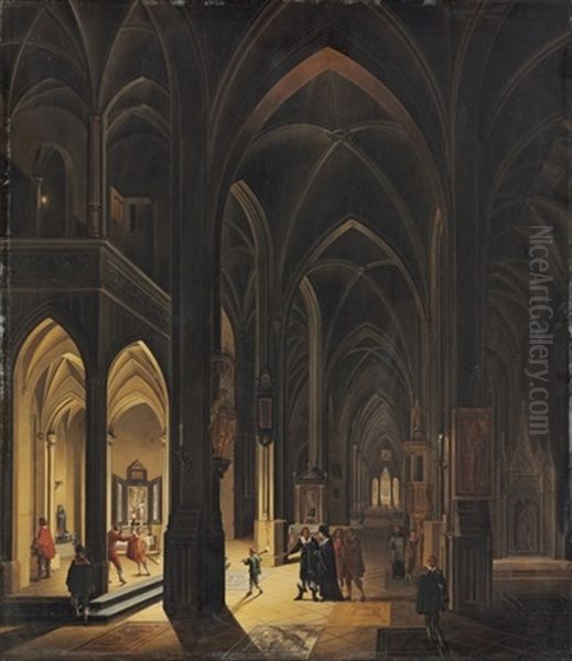 The Interior Of A Gothic Cathedral By Torch And Candlelight Oil Painting by Johann Ludwig Ernst Morgenstern