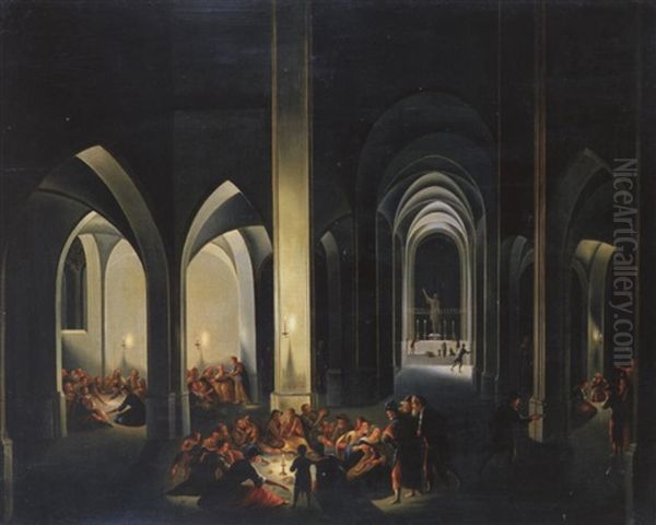 (tempelinterieur?) Mit Zahlreichen Personen Oil Painting by Johann Ludwig Ernst Morgenstern